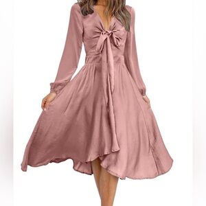 BTFBM Satin V Neck Cocktail Dress Midi Small Brown Mauve Ruffle A Line Party EUC